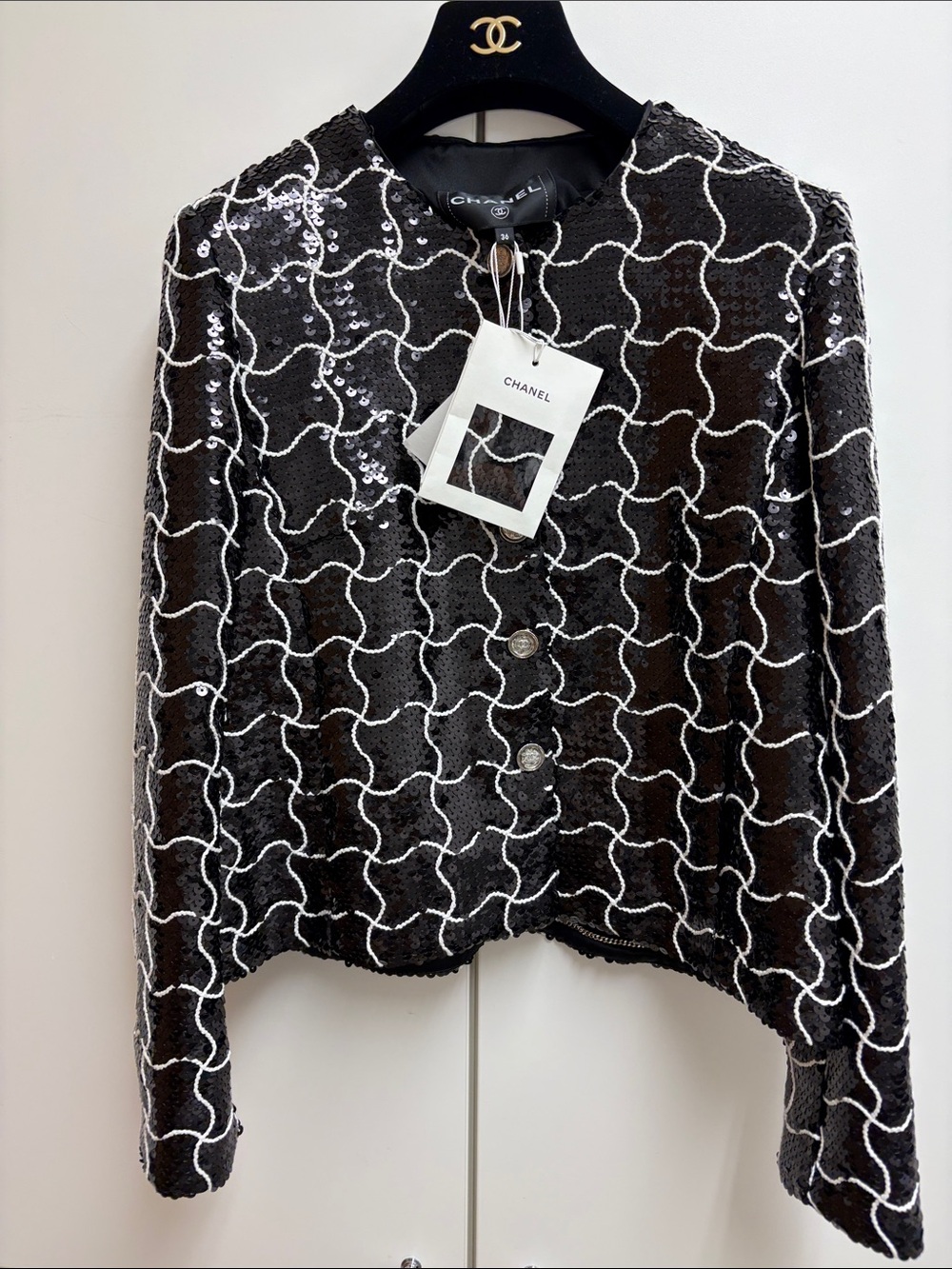 CHANEL Black Sequin Button-Down Jacket with White Loop Trim